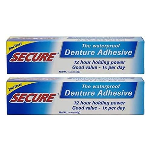 Secure Waterproof Denture Adhesive - Zinc Free - Extra Strong Hold For Upper, Lower or Partials - 1.4 oz (Pack of 2)