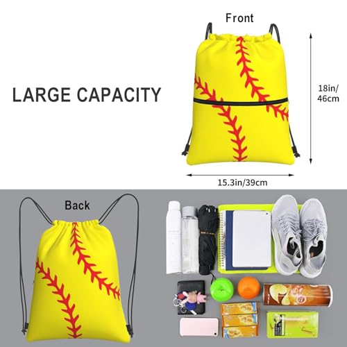 Image of Outdoor Sports Softball Drawstring Backpack, Waterproof Drawstring Bag for Gym Sports Teams Softball Party, Men Women Durable Yellow Sackpack Bag with Front Zipper Pocket and Inside Zipper Pocket