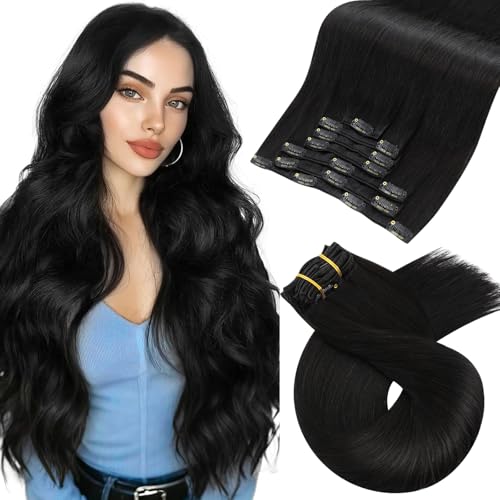 Image of Moresoo Black Clip in Hair Extensions Real Human Hair Clip in Extensions Straight Off Black Real Human Hair Extensions Clip ins 16 inch Long for Women Heat-Stylable 120g /7pcs Soft