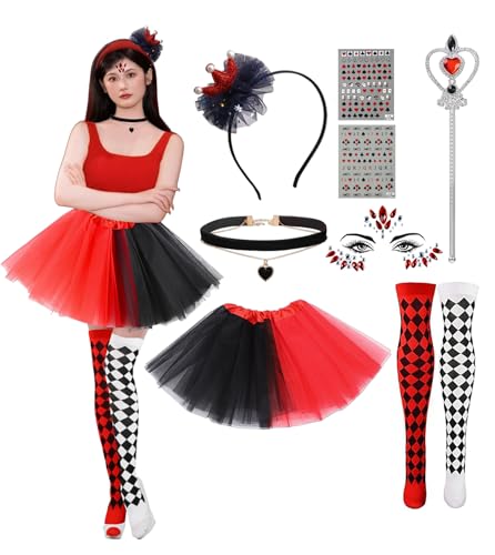 ChouGlow Karneval Kostüm Damen,Herzkönigin Kostüm,Rotes Herz Königin Kostüm Set mit Kleid, Krone, Gesicht Edelsteine und Socken für...