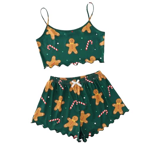 LOTUSTAR Christmas Pjs for Women Crop Tops Pj Set with Shorts Round Neck Cute Pajama Sets (Green-Gingerbread Man L Large)