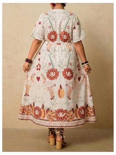 Image of Floerns Women's Plus Size Boho Hawaiian Tropical Dresses V Neck Short Sleeve Floral A Line Long Dress Vacation Beach Outfits