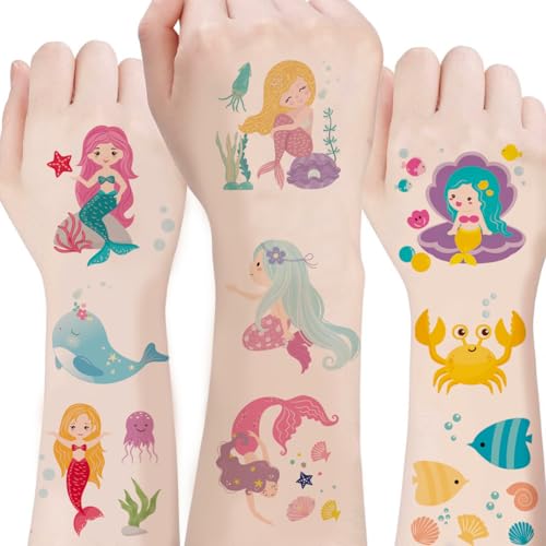 100PCS Mermaid Temporary Tattoos for Kids - Cute Under the Sea Party Favors Perfect for Ocean Mermaid-Themed Birthdays School Rewards and Baby ShowersMermaids