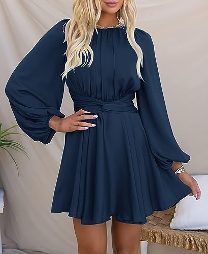 MITILLY Women's Elegant Satin Long Sleeve Round Neck Wrap Tie Waist Flowy Cocktail Party Mini Dress2