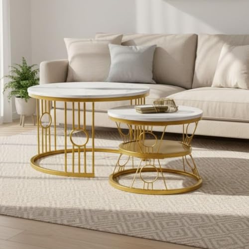 Image of Modern Nested Coffee Table Set of 2 | Round Marble Finish Tabletop with Metal Base | Luxury Center Table for Living Room, Lounge & Office (Ring White Gold)