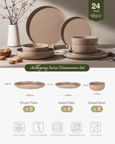 Image of Famiware Milkyway Dinnerware Sets, 24 Piece Dish Set, Plates and Bowls Sets for 8, Cinnamon Brown