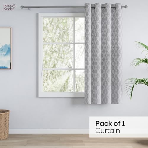 Image of haus & kinder Jacquard Window Curtain 5 Feet Long Pack of 1 Window Curtain, 5 Feet Curtain for Window (Silver Crest, Grey Classic Damask Design 130x152 CM)