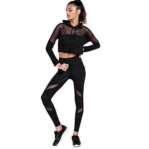 Ensemble sport noir femme legging opaque et top à capuche qui ne glisse pas au fitness