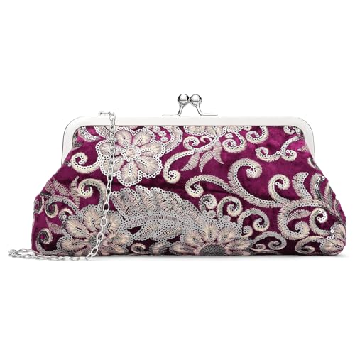 Image of RNIEGA Clutch Purse for Women Floral Embroidery Sequin Evening Bags Elegant Kiss Lock Wedding Party Cocktail