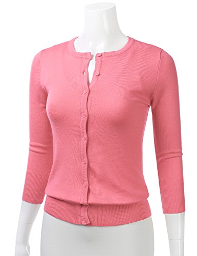 FLORIA Women's Button Down 3/4 Sleeve Crew Neck Knit Cardigan Sweater Pink S