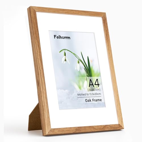 Cornice A4 in legno massello di rovere, formato A4 (21 x 30 cm), per certificati, documenti, cornice con passepartout per stampe A5, cornici per poster A4 con vetro temperato, verticale e orizzontale,