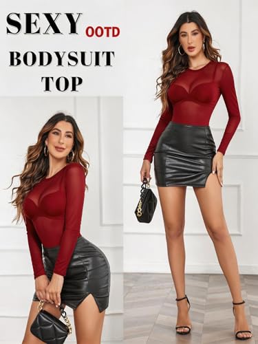 Image of Avidlove Womens Mesh Long Sleeve Bodysuit Round Neck Sheer Leotards Geo Print Bodysuit Top with Snap Crotch