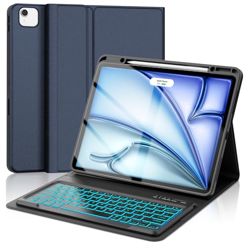 SENGBIRCH iPad Air 13インチ (M3 2025/M2 2024) キーボード ケース 7色バックライト 着脱式 Bluetooth キーボード カバー iPad Pro 12.9インチ (第6/5/4/3世代)兼用 ペン収納&充電対応 多角度調整 軽量 耐衝撃 防汚素材 全面保護 日本語説明書付き (ネイビー US配列)