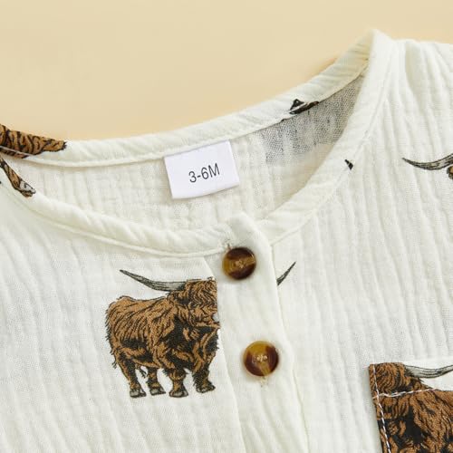 Chloefairy Newborn Baby Boy Western Clothes Highland Cow Romper Short Sleeve Cotton Linen Jumpsuit Cowboy Summer Outfit4