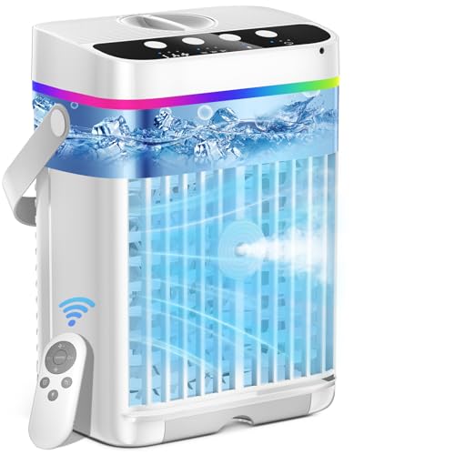 Aire Acondicionado Portatil, 4 en 1 Aire Acondicionado Portátil Ventilador de Enfriamiento de Aire Personal Enfriador de Aire 3 Velocidades, 7 LED Climatizador Portatil para Dormitorios, Oficinas