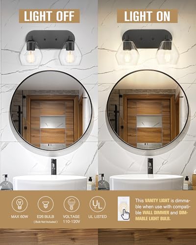 Image of Emak Black Bathroom Light Fixtures Over Mirror, 2-Light Vanity Light with Clear Glass Shade, Modern Farmhouse Vanity Lights for Bathroom, VL129-BK-CG-2