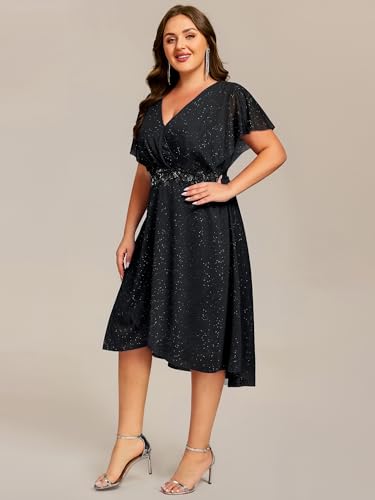 Image of Ever-Pretty Plus Women's V Neck Short Sleeves Pleated Applique High Low Glitter Midi Plus Size Wedding Guest Dresses