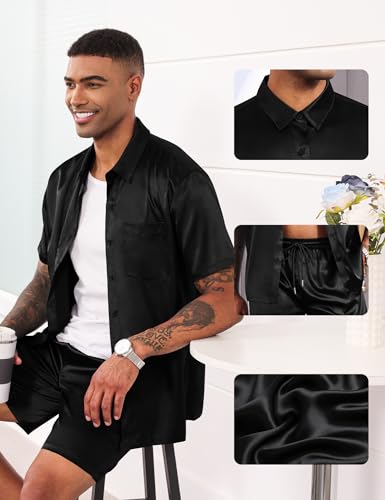 LecGee Men's Satin 2 Piece Outfits Lapel Shirt and Shorts Short Sleeve Button Down Tracksuit Luxury Set Prom Club Party3