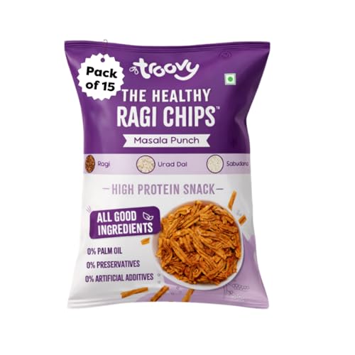Image of Troovy Healthy Masala Ragi Chips | Tasty & High Protein Snacks | 30% Of Protein Needs | No Palm Oil, Cholesterol or Trans Fats | 70g (Pack of 15)