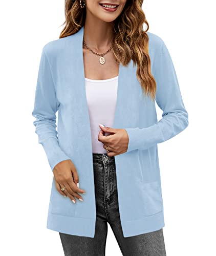 Yousify Womens Cardigan Sweater Long Sleeve Open Front Knit Cardigan Sweater With Pockets Blue #TOP1