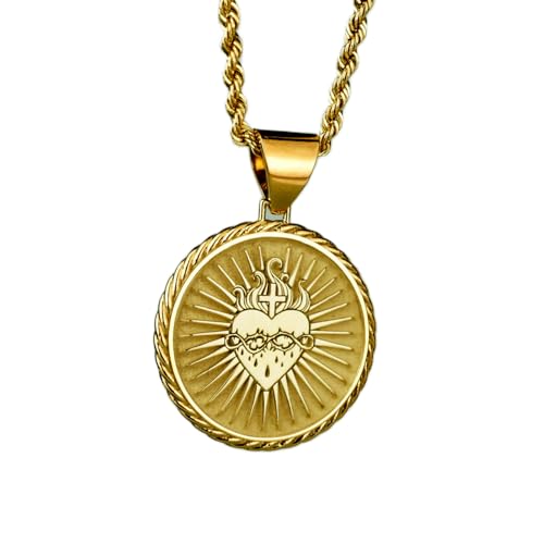 Collier pendentif pièce Cœur enflammé sacré chaîne corde argent plaqué or