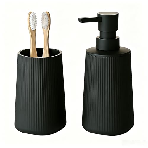 GAHEFY 2-teiliges Badezimmer-Accessoire-Set Seifenspender mit 250 ml & Zahnputzbecher Modernes Rillen-Design aus ABS-Kunststoff für Waschbecken & Badablage (Schwarz)