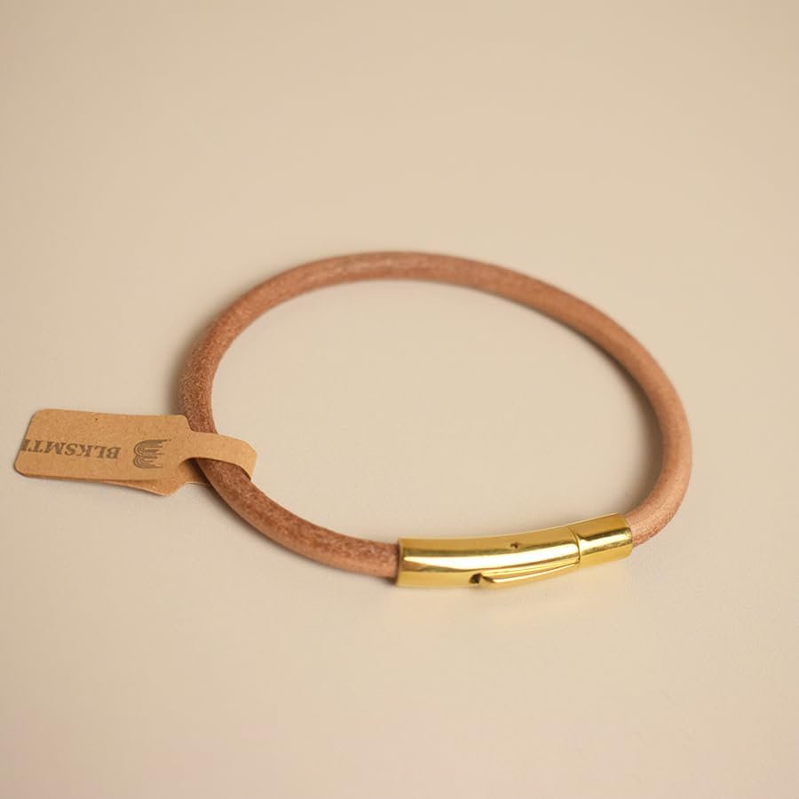 BLKSMTH Leather Bracelet with Gold-Plated Quick Release Clasp, 7.7 Inches, Brown