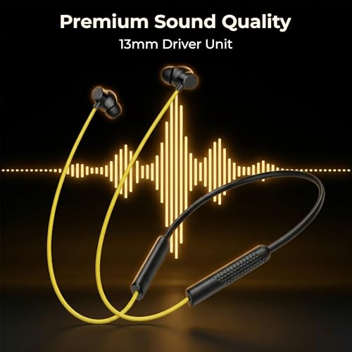 Image of Walta Bullet Z6 Wireless Bluetooth 5.4 Neckband Earphones with ENC Noise Cancellation, 13mm Bass Driver, Fast Charging Type-C, 20H Playback, Magnetic Earbuds, Sweat Resistant Headset with Mic (Yellow)
