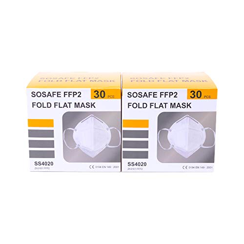SOSAFE Atemschutzmaske FFP2 Mundschutz Maske perfekt für Mund- und Nasenschutz Schutzmaske 4-lagig (2X 30 Stück), white