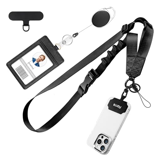 Azrra Adjustable Crossbody Cell Phone Lanyard for iPhone with Phone Tethers & Retractable ID Badge Card Holder (Solid Black)