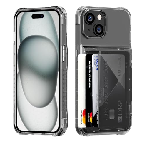Coque iPhone 15 robuste noir transparent élégante avec porte-carte