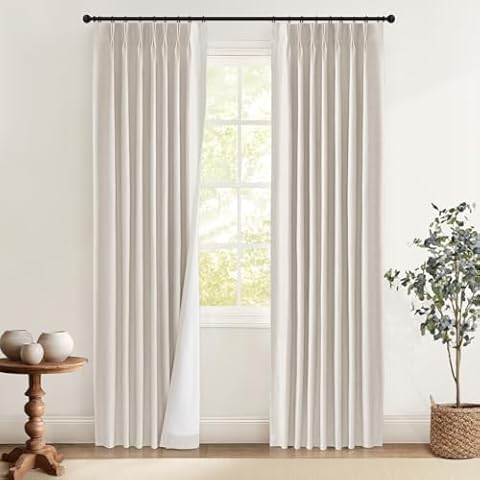 Pinch Pleated Curtains Blackout Linen Blackout Curtains 90 Inch Length 2 Panels Set Blackout Pleated Curtains with Hooks for Bedroom/Living Room,40" W x 90" L 2 Panels,Beige Cover