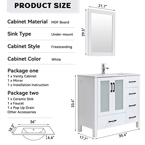 Novalla 36" Bathroom Vanities With Sink Combo Set, Modern Single Bathroom Cabinet With Undermount Ceramic Sink, Faucet, Mirror, White #TOP1