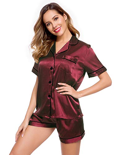 Image of LecGee Womens Silk Satin Pajamas Short Sleeve Loungewear Two-Piece Sleepwear Button-Down Pj Set