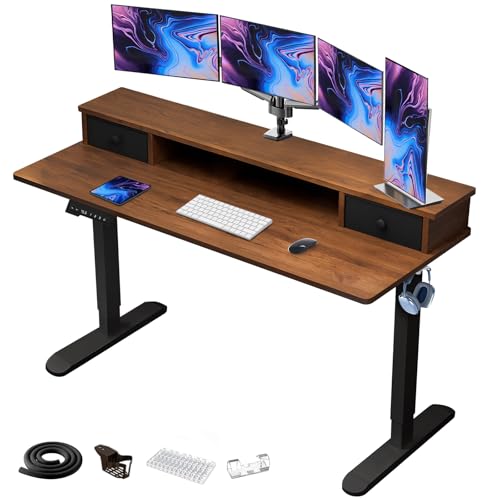 IXTRA Electric Standing Desk with Drawers 160x60cm Gaming Table Compatible Monitor Stand, Stand up Desks, Home Office Height-Adjustable Desk with Storage Shelf Walnut
