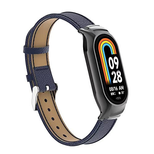 T-BLUER Compatible with Xiaomi Mi Smart Band 8 Strap,Mi Band 8 Leather Replacement Bracelet Band Wristband Accessories with Metal Frame for Xiaomi Smart Band 8 Blue - Image 2