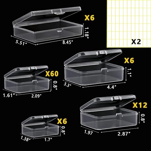 Image of Bead storage container,90pcs of different sizes rectangular mini clear plastic storage box with hinged lid and label for bracelet making DIY jewelry craft nail organizer,(Mix Size-1)
