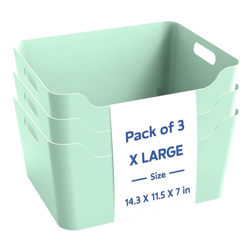 Image of KOLORR Jolly Plastic XL Baskets with Handle for Storage Box| Multipurpose Light Weight Plastic Baskets organiser for Clothes Toys Stationary Cosmetics Livingroom Bathroom | Pack of 3 - Mint