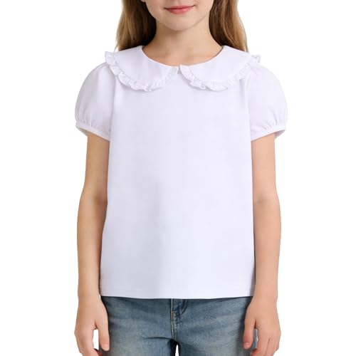 Image of Magic Park 12M-14Y Toddler Short Sleeve T-Shirt Girls Ruffle Blouse Kids Solid Color Tee Casual Tops Holiday Clothes