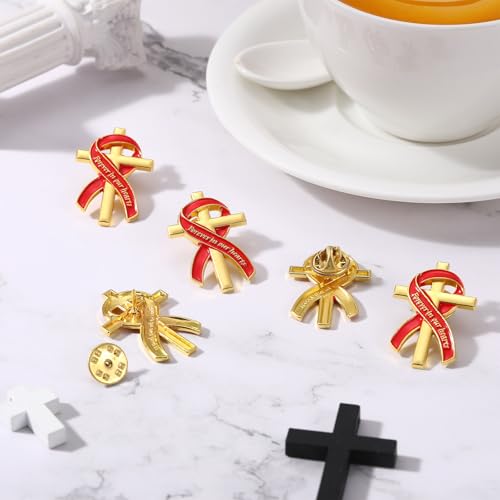 Image of Misdary Funeral Favors for Guests Funeral Memorial Pin Cross Ribbons Forever in Our Hearts Lapel Brooch Pin for Religious Christian Celebration of Life Mourning Remembrance Day