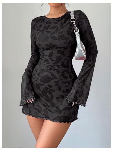 MakeMeChic Women's Floral Print Long Sleeve Mini Dress Mesh Backless Y2k Going Out Dresses2