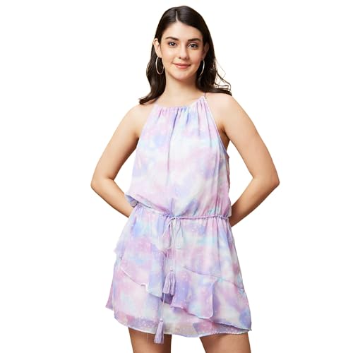 Image of Globus Women Pink Floral Print Halter Neck Sleeveless Lurex Mini Dress-3640100001