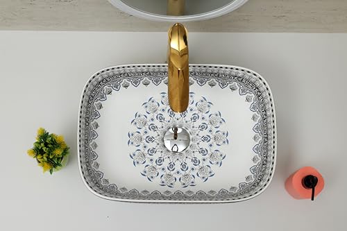 Image of Moroccan Design Ceramic Tabletop Wash Basin | Countertop Vessel Sink | Wash Basin over counter For Bathroom Hotel Home (18x13x5.5 Inch) (TORO 4014) (Moroccan Design 103)