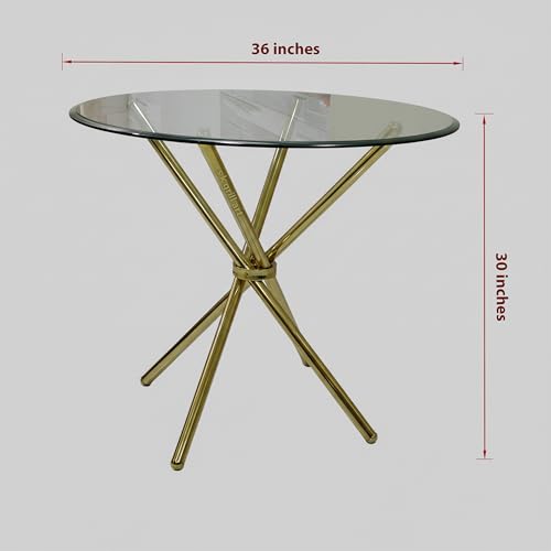 Image of Folding Dining Table for Office, Home, Cafe - 36-inch Round 12 MM Thick Toughened Glass Top with Stainless Steel Frame (Golden Finish)