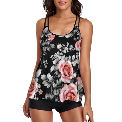 Ensembles bikini tankini fleurs rouges pour femme avec shorty de plage