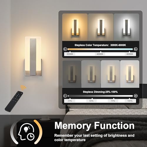 Image of KARTOOSH Rechargeable Wireless Wall Sconces,Battery Operated Modern Wall Light Set of Two with Remote Control,Dimmable,3000K /4000K /6000K,Timer,Cordless Lighting for Hallway,Bedroom,Living Room Nickel