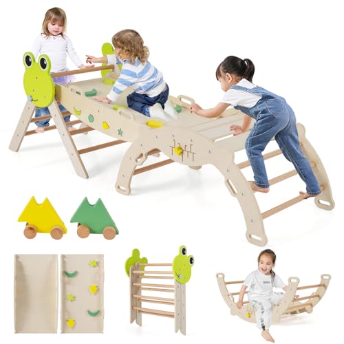 COSTWAY Klettergerüst Indoor 3er Set, klappabres Kletterdreieck mit Rutsche, Kletterbogen, inkl. doppelseitige Rampe, Baustein Set & 2 Autos, Frosch Sprossendreieck Holz für Kinder ab 1 Jahr