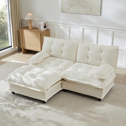 Image of 77 inch L-Shaped Sectional Couches for Living Room, Beige 2 Seater Modern Chenille Deep Seat Sofa Set, Salas para Casa, High Back Love Seat Couches, Cloud Modular Sectional Sets with Ottoman