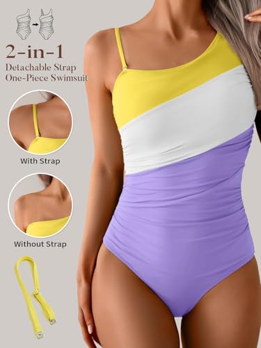 Image of Aidonger One Shoulder One Piece Swimsuit for Women Tummy Control Bathing Suits Color Block Ruched Swim Suit Slimming Swimwear
