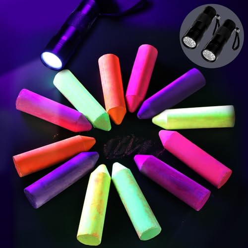 12 Pcs Glow in The Dark Chalks Under Blacklight 2 Pcs UV Flashlight and 6 Neon Color Washable Dustless UV Sidewalk Chalk for Drawing Black Light Party Supply Birthday Gift Paint Chalkboard Playground